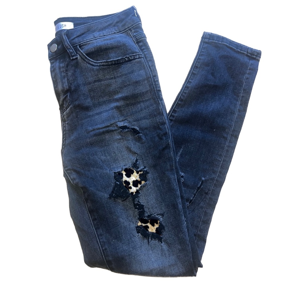 Lime Lush dark wash High Waisted Leopard Patch Skinny Jeans size 5